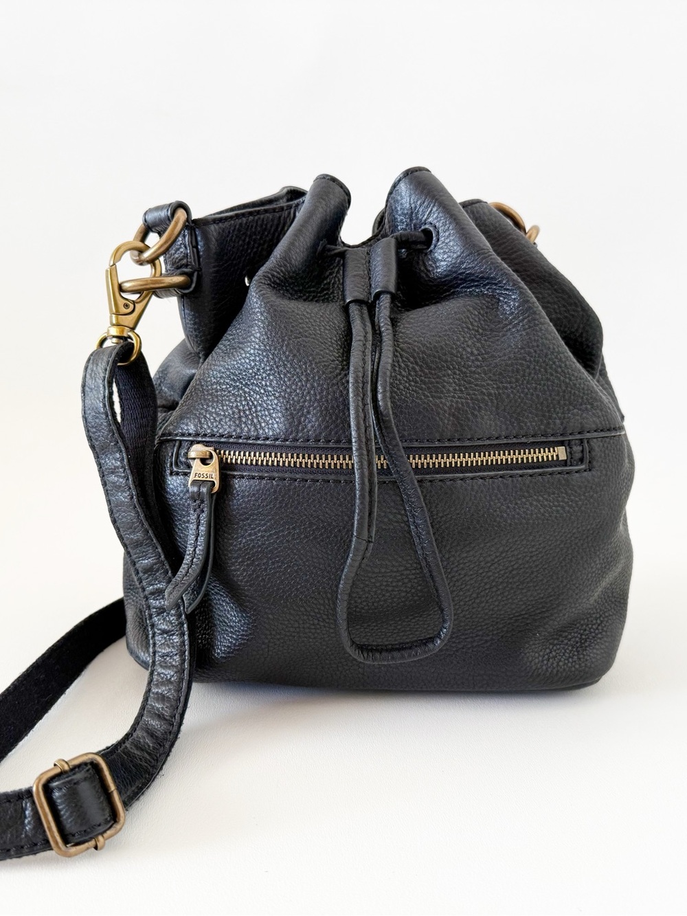 Fossil Bag Pebble Leather Drawstring Bucket Casual Black Medium